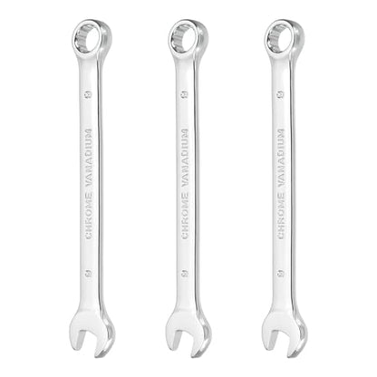 HARFINGTON 3Pcs Combination Wrench 9mm Metric 12-Point Box and Open End CR-V Steel Double Ended Spanner Tool for Automotive Pipe Furniture Machinery DIY Repair, Silver White - size: 9mm