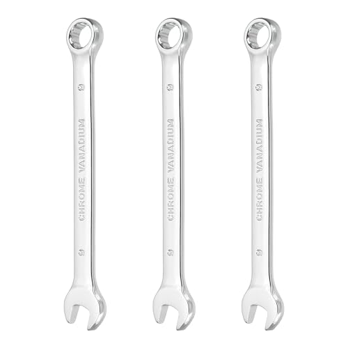 HARFINGTON 3Pcs Combination Wrench 9mm Metric 12-Point Box and Open End CR-V Steel Double Ended Spanner Tool for Automotive Pipe Furniture Machinery DIY Repair, Silver White - size: 9mm