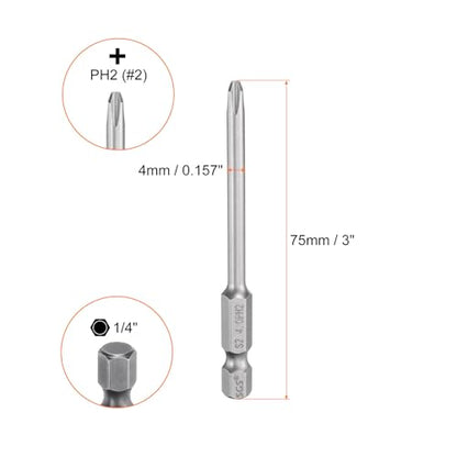 HARFINGTON 5pcs #2 Phillips Screwdriver Bit PH2 1/4" Hex Shank 3" (75mm) Long Magnetic S2 Steel Industrial Grade Screw Driver Bit Cross Head Electric Drill Bits 0.157" (4mm) Rod - size: PH2 x 75mm x 4mm