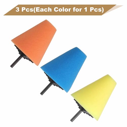 HARFINGTON 3pcs Cone Buffing Polishing Pads Set Sponge Car Wheel Polishers Detail Polisher Tool with 1/4" Dia Shank for Automotive Car Metal Plastic Ceramic
