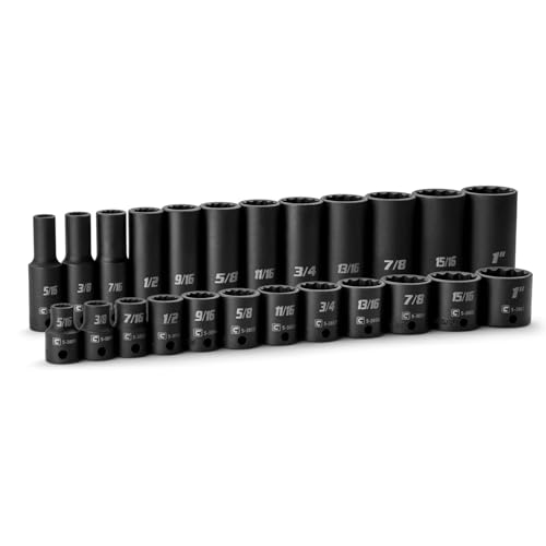 Capri Tools 3/8 in. Drive Shallow and Deep Impact Socket Set, 12-Point, SAE, 5/16 to 1 in., 24-Piece - size: Shallow & Deep Set / 5/16-1 in.
