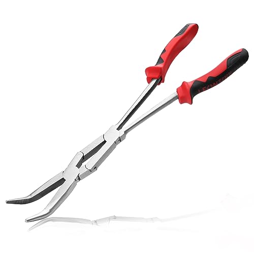 13 Inches Dual Pivot Pliers Double Joint Bent Long Nose Dual Material Pliers with Serrated Jaw 45 Degree Extra Long Reach Compound Action Pliers for Hard to Reach Narrow Spaces - style: Bent Nose