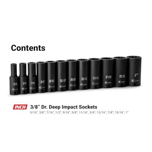 Capri Tools 3/8 in. Drive Deep Impact Socket Set, 12-Point, SAE, 5/16 to 1 in., 12-Piece - size: Deep Set / 5/16-1 in.
