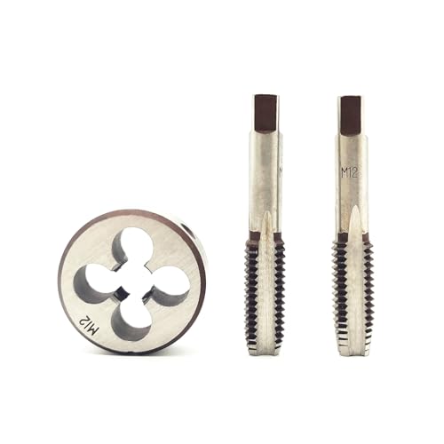 AtticZone M12 x 1.75 Metric Hand Thread Tap and Die Set, Right Hand 12 * 1.75, Alloy Tool Steel, 1 Taper Tap, 1 Plug Tap, 1 Round Die for Metal Working DIY Industrial - size: M12x1.75