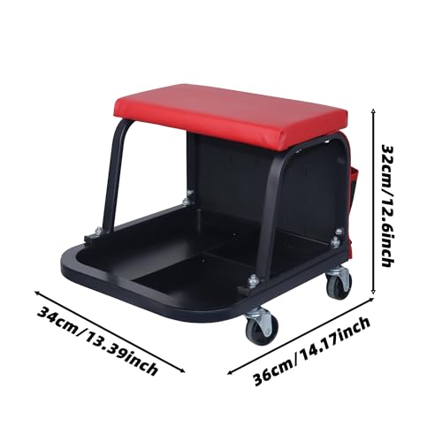 Rolling Mechanic Garage Stool on Wheels with Padded Cushion, Tool Tray Storage and Side Pockets, 300 LBS Capacity, Red - color: Red