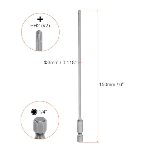 HARFINGTON 5pcs #2 Phillips Screwdriver Bit PH2 1/4" Hex Shank 6" (150mm) Long Magnetic S2 Steel Industrial Grade Screw Driver Bit Cross Head Electric Drill Bits 0.118" (3mm) Rod - size: PH2 x 150mm x 3mm