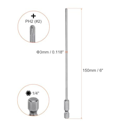 HARFINGTON 5pcs #2 Phillips Screwdriver Bit PH2 1/4" Hex Shank 6" (150mm) Long Magnetic S2 Steel Industrial Grade Screw Driver Bit Cross Head Electric Drill Bits 0.118" (3mm) Rod - size: PH2 x 150mm x 3mm