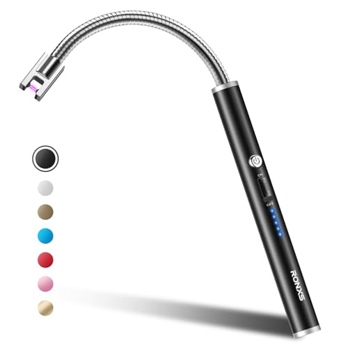 RONXS Electric Candle Lighter, Windproof Rechargeable Long Gooseneck, Black | Flameless Plasma Arc, Safety Lock, Battery Display with Type C Cable, Flexible Neck for Candles Grill BBQ Camping Fireplace - color: A-black