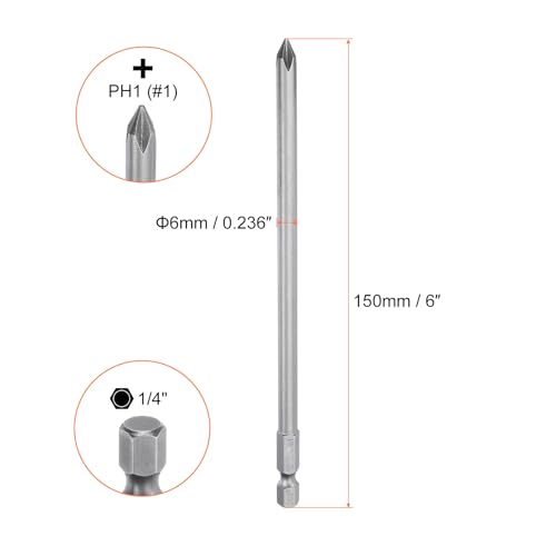 HARFINGTON 5pcs #1 Phillips Screwdriver Bit PH1 1/4" Hex Shank 6" (150mm) Long Magnetic S2 Steel Industrial Grade Screw Driver Bit Cross Head Electric Drill Bits 0.236" (6mm) Rod - size: PH1 x 150mm x 6mm