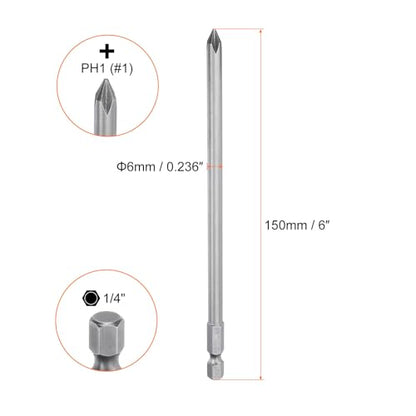 HARFINGTON 5pcs #1 Phillips Screwdriver Bit PH1 1/4" Hex Shank 6" (150mm) Long Magnetic S2 Steel Industrial Grade Screw Driver Bit Cross Head Electric Drill Bits 0.236" (6mm) Rod - size: PH1 x 150mm x 6mm