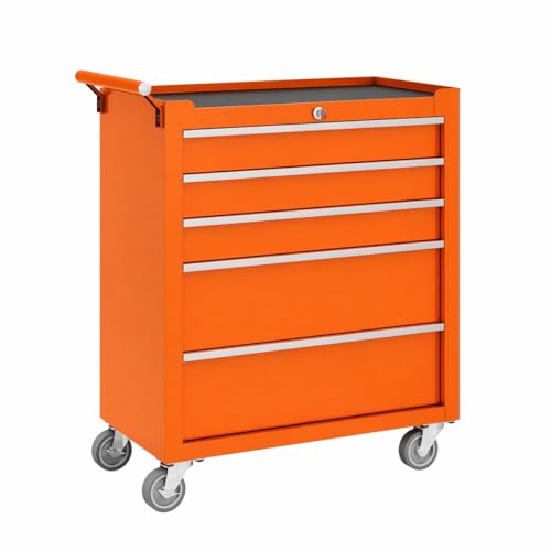 Garvee Rolling Tool Chest, 5 Drawers Tool Storage Cabinet, Toolbox with Wheels, Portable Tool Cabinet Organizer with Locking System & Drawer Liners, Tool Storage Cart for Garage, Workshop, Orange - color: Orange, size: 5 Drawers