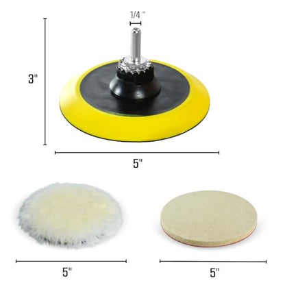 LINE10 Tools 5-Inch Wool Polishing Kit for Drill or Angle Grinder or Orbital, Includes 5 Hard Felt, 5 Soft Wool Buffing Pads with Hook and Loop, Drill Adapter Attachment, Small Car Buffer Auto Glass