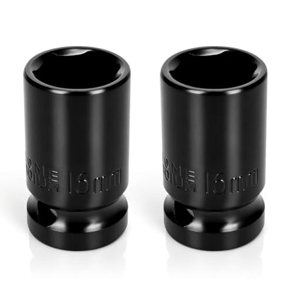 2PCS 16mm Impact Socket 1/2" Drive, 6 Point Metric Shallow Socket, CR-V Steel Heavy Duty Impact Wrench Socket for Automotive Repair - size: 16mm