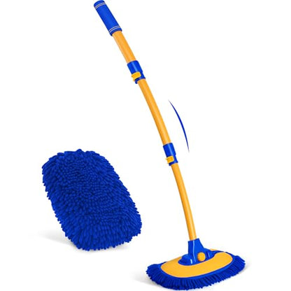 Ordenado 15°Curved Car Wash Brush with Long Handle, 43" Car Cleaning Brush with Extension Pole, Microfiber RV Wash Mop Scratch-Free, Exterior Washer Mop for Washing Roof Truck Camper SUV Caravan Blue - color: Blue and Yellow