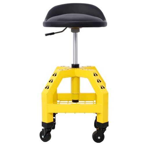 Mechanic Stool with Wheels, 360 Degree Swivel Rolling Garage Stool with 22.5”-27.5” Height Adjustment, 330 LBS Capacity, Tool Tray, Heavy Duty Creeper Seat, Shop Stool for Workshop (Yellow) - color: Yellow