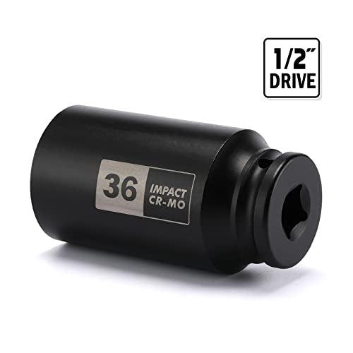 EMENTOL 1/2 Inch Drive Deep Spindle Axle Nut Impact Socket, CR-MO, 12 Point, Metric, Deep 12PT Impact Socket - 36mm - size: 36mm