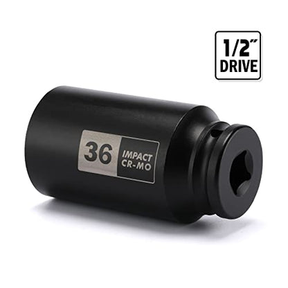 EMENTOL 1/2 Inch Drive Deep Spindle Axle Nut Impact Socket, CR-MO, 12 Point, Metric, Deep 12PT Impact Socket - 36mm - size: 36mm