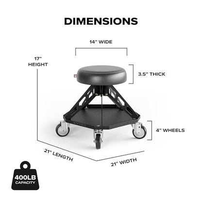 Vyper Robust Steel Pro Garage Stool Large Wheels, Black Frame | Robust steel garage stool with 400 lb capacity, large industrial casters, foam seat, tool tray, and red frame for auto or DIY - color: Black Seat, Black Frame