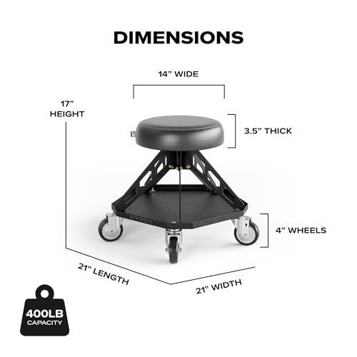 Vyper Robust Steel Pro Garage Stool Large Wheels, Blue Frame | Robust steel garage stool with 400 lb capacity, large industrial casters, foam seat, tool tray, and red frame for auto or DIY - color: Black Seat, Blue Frame