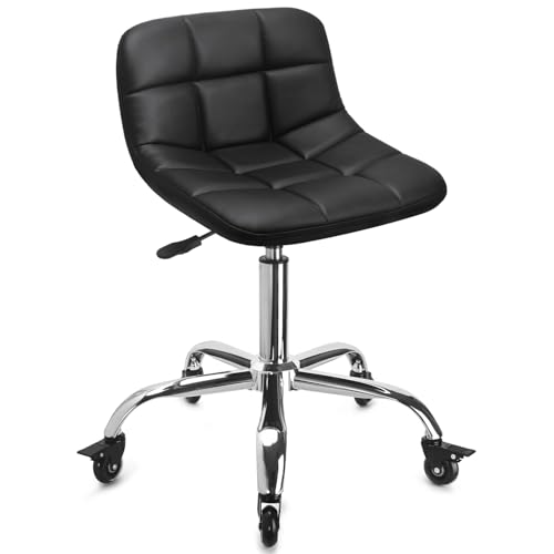 Mechanic Stool with Back Support, Garage Stool Adjustable Height Shop Stool with Wheels, Rolling Chair Swivel Task Chair for Salon SPA Home Office Tattoo Workshop - color: Black