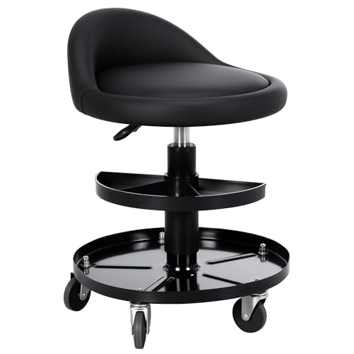 Frassie Rolling Mechanics Garage Seat Stool with Storage Tool Tray Adjustable Height for Auto Repair 300 LBS Capacity
