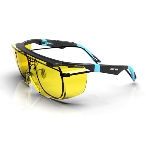 DEX FIT Safety Glasses Over Eyeglasses SG210 - Yellow Lens, Blue Light Blocking, Night Vision, Anti-Fog, UV 400 Protection, Z87.1 Certified, Adjustable Temples for Men & Women; Black & Blue, 1 PC - color: Black/Blue - Yellow, size: 1 PC