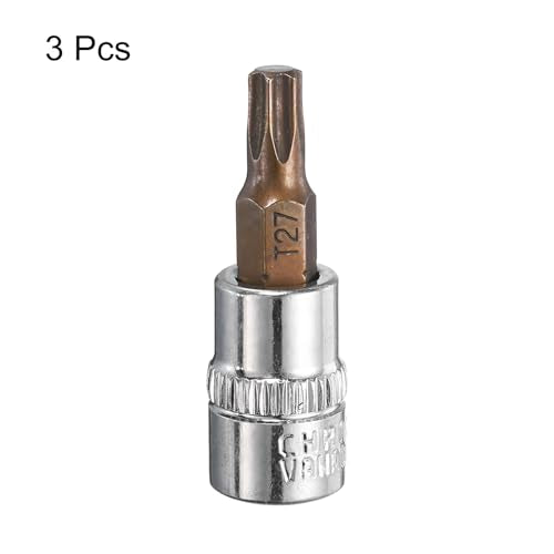 uxcell 3pcs 1/4" Drive x T27 Torx Bit Socket, S2 Steel Bits CR-V Sockets 38mm Length Use with Ratchet Wrench, Slide Bar, Extension Rod - size: T27