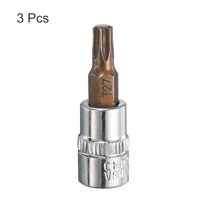 uxcell 3pcs 1/4" Drive x T27 Torx Bit Socket, S2 Steel Bits CR-V Sockets 38mm Length Use with Ratchet Wrench, Slide Bar, Extension Rod - size: T27