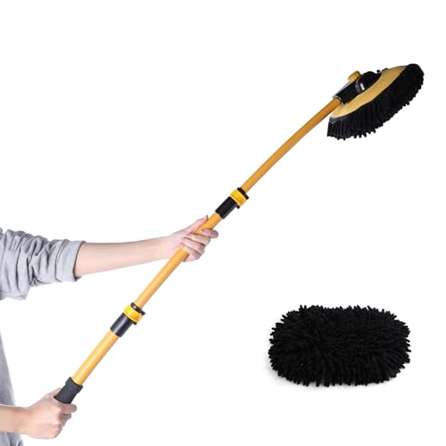 Eyliden Car Wash Brush Mop with Long Handle for Car Truck RV, Yellow | 90° Swivel Head with 45° Angle Lock, 2 Scratch-Free Microfiber Heads, Car Detailing Kit, 41.9" Adjustable Handle - color: Yellow & Black