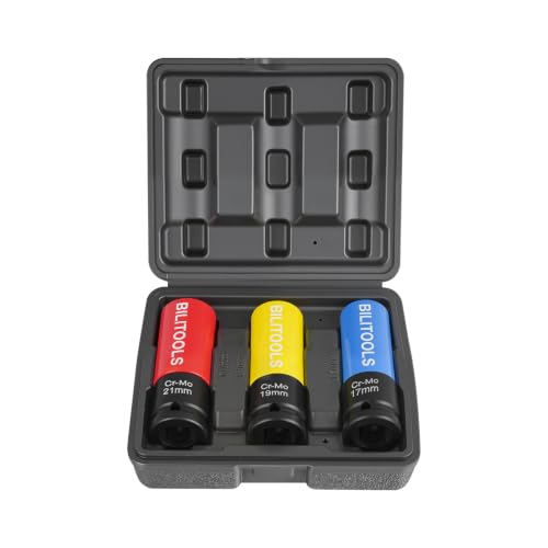 BILITOOLS 17/19/21mm Lug Nut Socket Set, 1/2" Thin Wall Impact Sockets | 3-PCS Cr-Mo Socket Set with Non-marring Sleeves, 6-Point Drive for Tire Changes, Rims and Auto Repair - size: 17-19-21MM