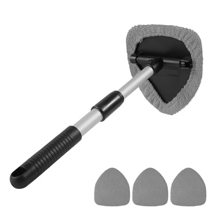 Windshield Cleaner Tool,Car Accessories,Automotive Tool Car Window Cleaner with Extendable Long Handle and 4 Washable Reusable Microfiber Pads,Suitable for Most Cars,SUVs,Trucks,Jeeps (Gray)