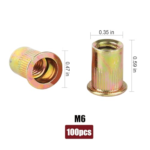 M6 Rivnut Rivet Nut Kit - Napia 100pcs M6 Rivet Nuts Rivnuts Tool Kit, Carbon Steel Flat Head Hardware Nuts Threaded Inserts for Metal