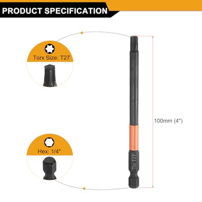 HARFINGTON 3pcs T27 Torx Head Screwdriver Bit 4" (100mm) Long 1/4" Hex Shank Magnetic No Hole Tamper Proof 6 Point Star Screw Driver Drill Bits Phosphate S2 Steel Industrial Power Tools - size: T27 x 100mm