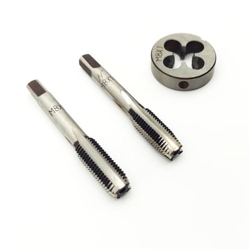 AtticZone M8 x 1.0 Metric Hand Thread Tap and Die Set, Right Hand 8 * 1.0, Alloy Tool Steel, 1 Taper Tap, 1 Plug Tap, 1 Round Die for Metal Working DIY Industrial - size: M8x1.0