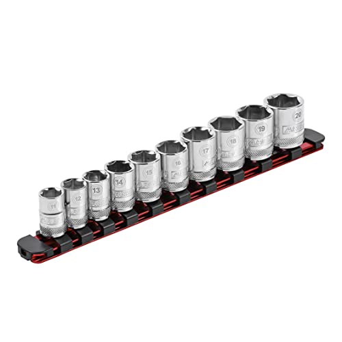 ARES 60101 3/8-In Red Socket Rail 9.84-In Locking | Part No. 60101; Aluminum Rail Stores up to 10 Sockets and Keeps Your Tool Box Organized - color: Red, size: 3/8-Inch Drive