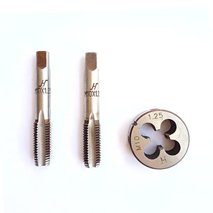 AtticZone M10 x 1.25 Metric Hand Thread Tap and Die Set, Right Hand 10 * 1.25, Alloy Tool Steel, 1 Taper Tap, 1 Plug Tap, 1 Round Die for Metal Working DIY Industrial - size: M10x1.25
