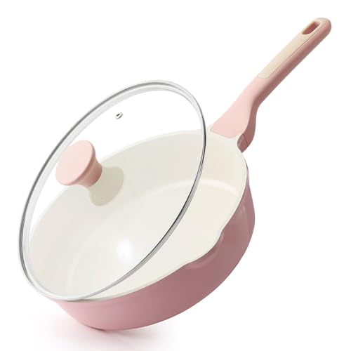 SENSARTE Nonstick Ceramic Skillet with Lid 10-inch, 3.5QT Non Toxic Deep Frying Pan, Saute Pan with Lid, Stay-cool Handle, Healthy Cooking Pot, Induction Compatible, Pink - color: Sakura Pink, size: 10-inch/3.5QT