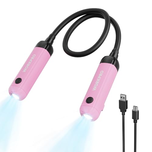 WORKPRO Rechargeable Neck Light for Hands-Free Lighting, 3 Brightness Levels 300 Lumens Neck Light, Bendable Silicone Arm, Great for Mechanics, Reading, Camping, DIY Projects, Crafting, Pink Ribbon - color: Pink