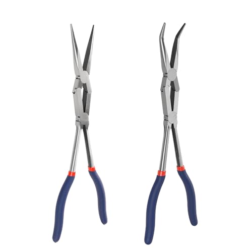 13” Long Needle Nose Pliers Set, Double Rivet, Knurled Jaws, Bent 45°and Straight Needle Nose, 2-Piece, Extended Reach for Tight Spaces (2-Piece（Straight +45°）)