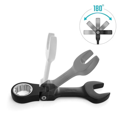 DURATECH Stubby Flex-head Ratcheting Combination Wrench Set, 16-piece, Metric & SAE, 9 to 17mm & 5/16" to 3/4", CR-V Steel, Black Electrophoretic Coating, with Rolling Pouch