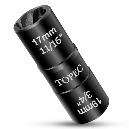 Topec 17mm x 19mm Flip Lug Nut Extractor, 1/2" Drive Lug Nut Removal Tool, 2-IN-1 Wheel Lock Remover Socket | Extension Bar Not Included - size: 17 x 19mm