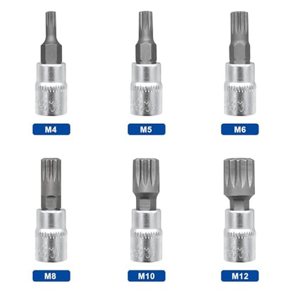 DAKCOS 6pcs Spline Socket Set, M4-M12 for 1/4" Drive, XZN Triple Square Spline Bit Set, S2 Alloy Steel Bit and CR-V Drive Socket - style: 6PC 1/4”M4-M12