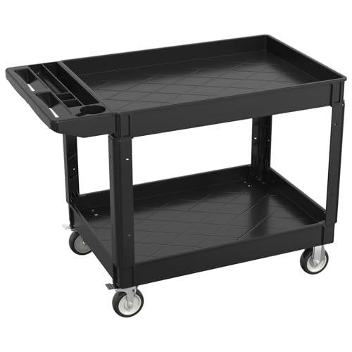 2 Tier Plastic Rolling Cart Utility Cart on Wheels, Heavy Duty Tool Carts with Ergonomic Storage Handle and Deep Shelfs, Work Cart Service Carts for Garage, Warehouse, Workshop, Office, Cleaning - color: Black, size: 45 x 25 Inch