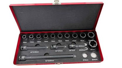 19-Piece 1/2" Drive Twist Impact Socket Set, Damaged Lug Nut Remover Kit, Stripped Bolt Extractor Tool with CR-MO Steel, Professional Metric & SAE Rescue Set