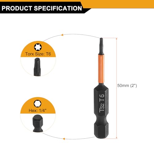 HARFINGTON 3pcs T6 Torx Head Screwdriver Bit 2" (50mm) Long 1/4" Hex Shank Magnetic No Hole Tamper Proof 6 Point Star Screw Driver Drill Bits Phosphate S2 Steel Industrial Power Tools - size: T6 x 50mm