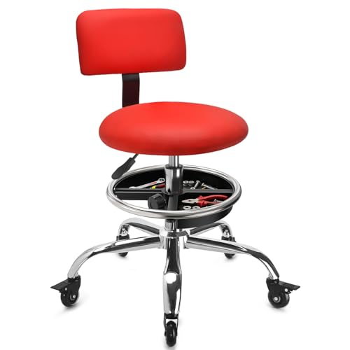 Garage Stool with Backrest, Mechanics Rolling Chair Adjustable Footrest, Workshop Chair with Storage Tray, Rolling Shop Stool Height Adjustable, Swivel Task Chair for Salon Tattoo (Red) - color: Red