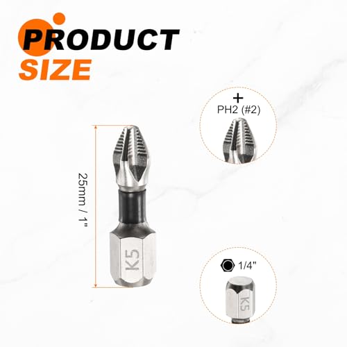 HARFINGTON 6pcs Impact Phillips Screwdriver Bit PH2 (#2) Anti Slip Tip 1/4" Hex Shank 1" (25mm) Long Magnetic Cross Screw Driver Industrial Power Drill Bits for Remove Fastening Screws - size: 1 inch
