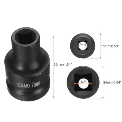 HARFINGTON 2pcs 4 Point Square Socket 1/2" Drive 7mm Metric Square Impact Socket CR-MO Blackening Standard Wheel Sockets Pneumatic Socket Tool for Auto Repair Mechanical Maintenance Home Use - size: 7mm