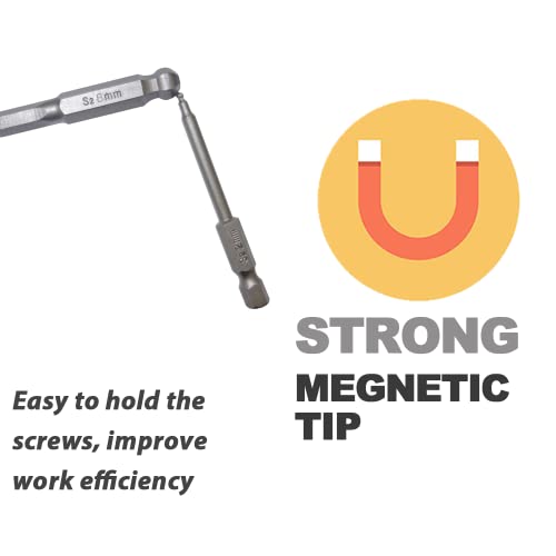 VESTTIO Ball End Hex Head Metric Allen Wrench Drill Screwdriver Bit Set 7PCS 1/4 Inch Hex Shank 2.56 Inch/65 mm Length S2 Steel with Magnetic for Power Screwdriver Drill Impact Driver - size: 7 BALL / 2.56 inch