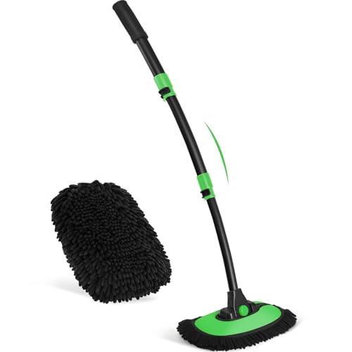 Ordenado 15°Curved Car Wash Brush with Long Handle, 43" Car Cleaning Brush with Extension Pole, Microfiber RV Wash Mop Scratch-Free, Exterior Washer Mop for Washing Roof Truck Camper SUV Caravan Green - color: Black and Green